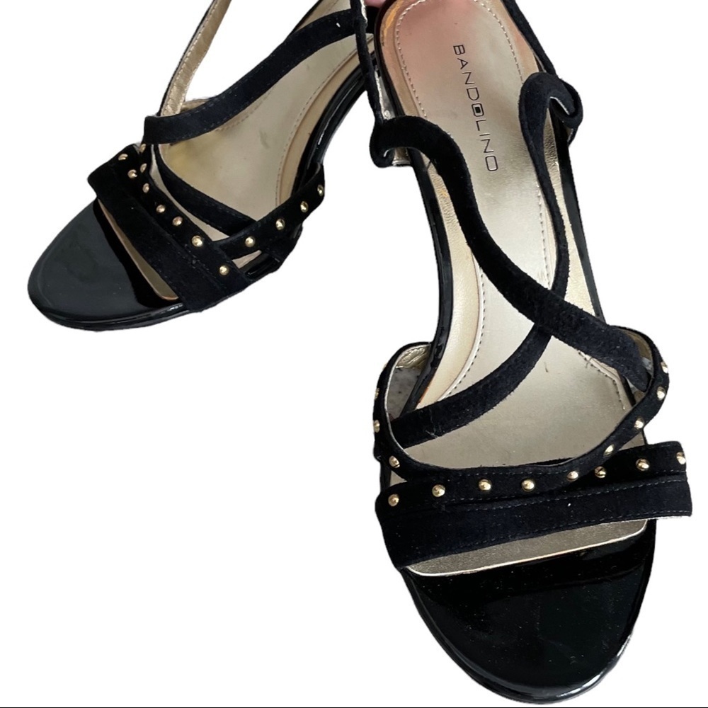 Bandolino Size 8 Black Velvet w/Gold Accents Strappy Kitten Heel Dress Shoes - Picture 2 of 7